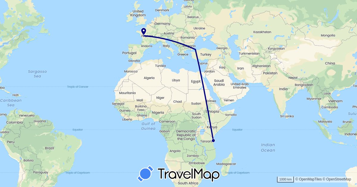 TravelMap itinerary: driving in France, Turkey, Tanzania (Africa, Asia, Europe)